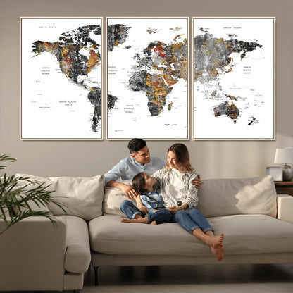 Push Pin World Map Canvas Print – Framed Wall Art for Couples to Track Their Travels – Anniversary Gift or Home Adventure Decor