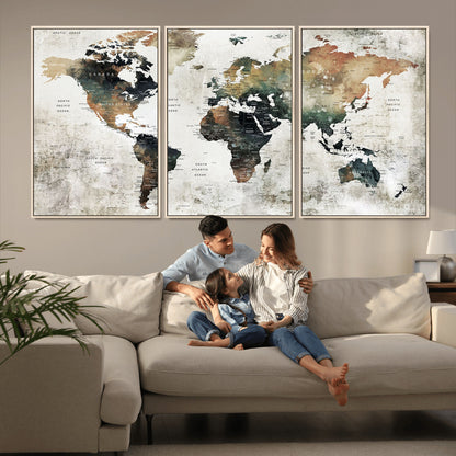 Push Pin World Map Canvas Print – Framed Wall Art for Couples to Track Their Travels – Anniversary Gift or Home Adventure Decor