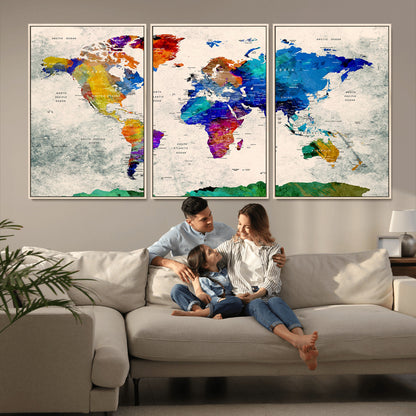 Push Pin World Map Canvas Print – Framed Wall Art for Couples to Track Their Travels – Anniversary Gift or Home Adventure Decor