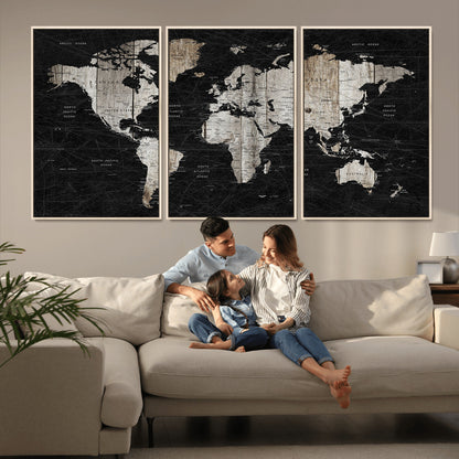 Push Pin World Map Canvas Print – Framed Wall Art for Couples to Track Their Travels – Anniversary Gift or Home Adventure Decor