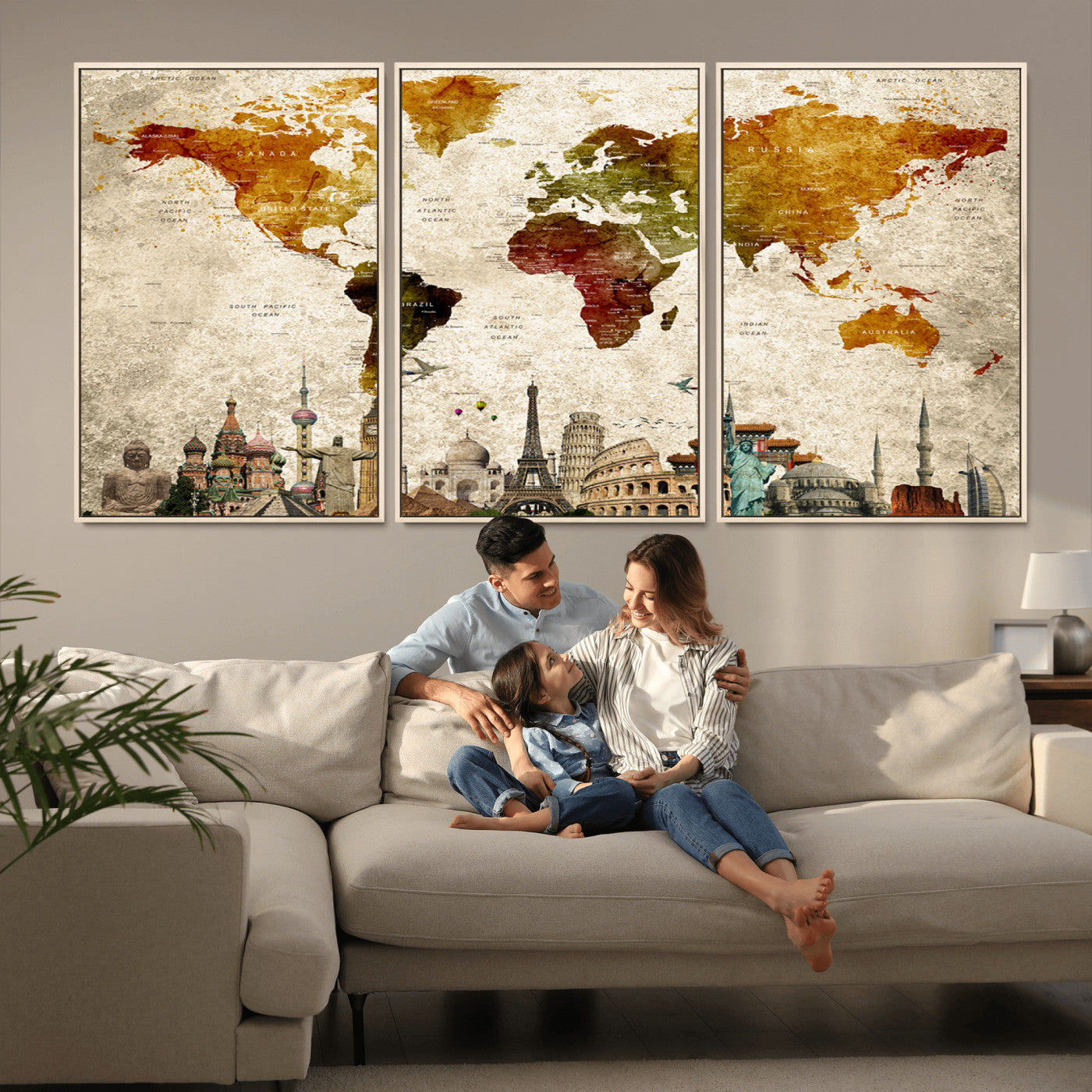 Push Pin World Map Canvas Print – Framed Wall Art for Couples to Track Their Travels – Anniversary Gift or Home Adventure Decor