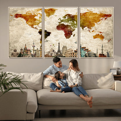 Push Pin World Map Canvas Print – Framed Wall Art for Couples to Track Their Travels – Anniversary Gift or Home Adventure Decor