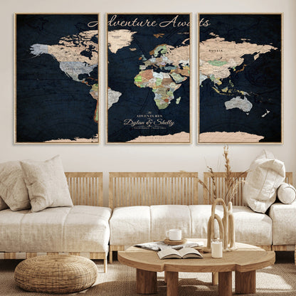 43186793-MGV-CV-30X20-Personalized World Map Print, Customizable Push Pin Framed World Map Print on Canvas - Custom Quote on Map Print