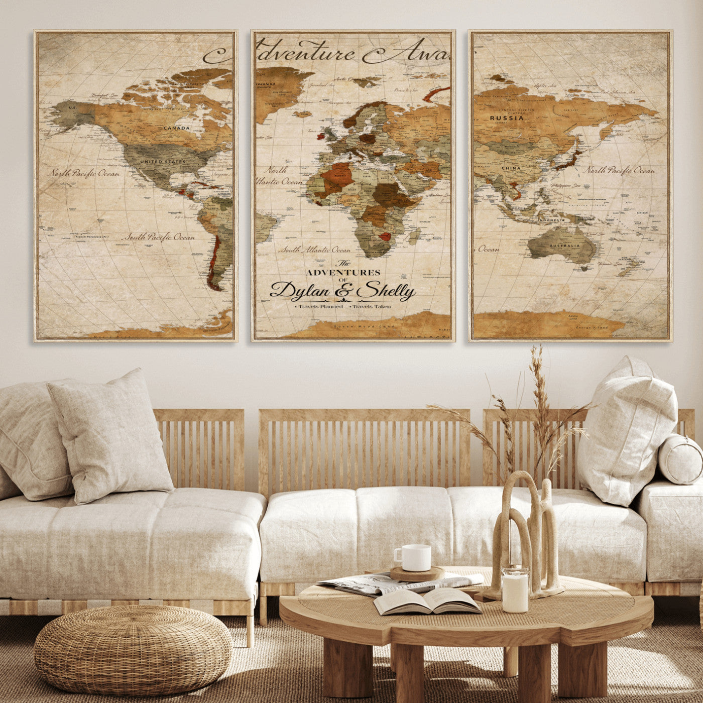 20810820-MGV-CV-30X20-Personalized World Map Print, Customizable Push Pin Framed World Map Print on Canvas - Custom Quote on Map Print