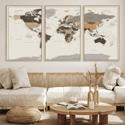 58777746-MGV-CV-36X24 - Custom Beige Modern Push Pin World Map Canvas Print, Places Visited Tracker, Bedroom and Study Decor