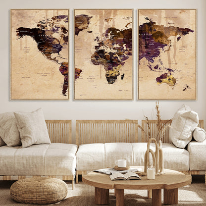 Push Pin World Map Canvas Print – Framed Wall Art for Couples to Track Their Travels – Anniversary Gift or Home Adventure Decor