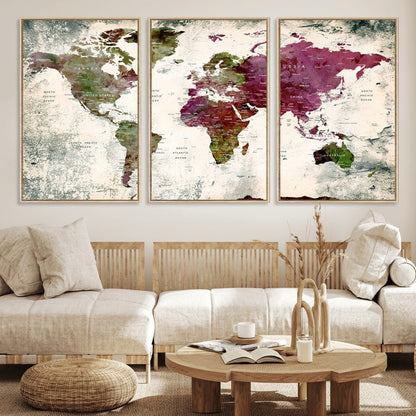Push Pin World Map Canvas Print – Framed Wall Art for Couples to Track Their Travels – Anniversary Gift or Home Adventure Decor