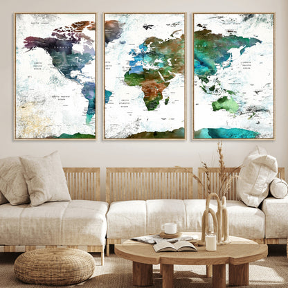 Push Pin World Map Canvas Print – Framed Wall Art for Couples to Track Their Travels – Anniversary Gift or Home Adventure Decor