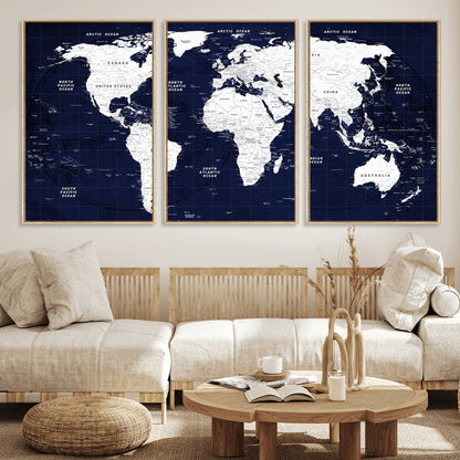 Push Pin World Map Canvas Print – Framed Wall Art for Couples to Track Their Travels – Anniversary Gift or Home Adventure Decor