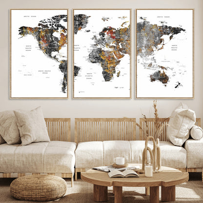 Push Pin World Map Canvas Print – Framed Wall Art for Couples to Track Their Travels – Anniversary Gift or Home Adventure Decor