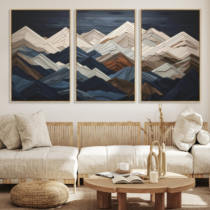 Rustic Mountain Landscape Wall Art Print - Wooden 3D Effect Mountain Canvas Print - Textured Peaks Wall Art for Cabin or Lodge Decor