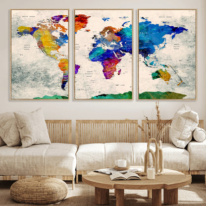 Push Pin World Map Canvas Print – Framed Wall Art for Couples to Track Their Travels – Anniversary Gift or Home Adventure Decor