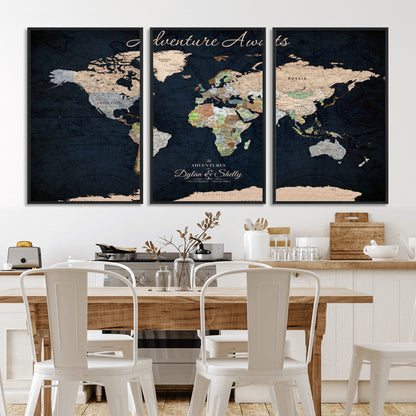 43186793-MGV-FC-60X30-3P_Black-Personalized World Map Print, Customizable Push Pin Framed World Map Print on Canvas - Custom Quote on Map Print