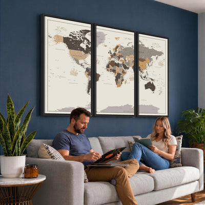58777746-MGV-CV-36X24 - Custom Beige Modern Push Pin World Map Canvas Print, Places Visited Tracker, Bedroom and Study Decor