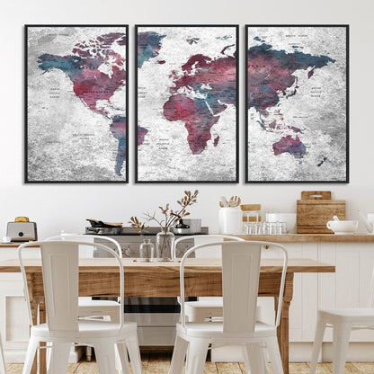 Push Pin World Map Canvas Print – Framed Wall Art for Couples to Track Their Travels – Anniversary Gift or Home Adventure Decor