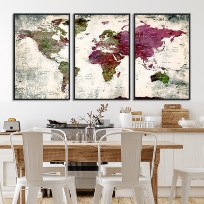 Push Pin World Map Canvas Print – Framed Wall Art for Couples to Track Their Travels – Anniversary Gift or Home Adventure Decor