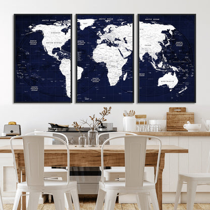 Push Pin World Map Canvas Print – Framed Wall Art for Couples to Track Their Travels – Anniversary Gift or Home Adventure Decor