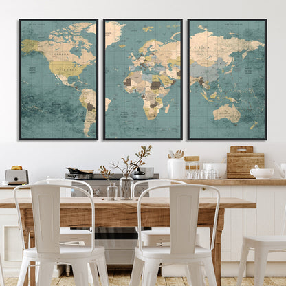 Classic World Map Wall Art Canvas Print, Framed Retro Map Art Picture Print, Vintage Atlas Perfect Rustic Explorer Decor Artwork