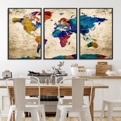 Push Pin World Map Canvas Print – Framed Wall Art for Couples to Track Their Travels – Anniversary Gift or Home Adventure Decor