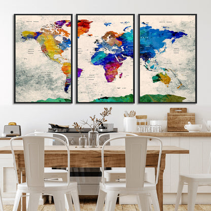 Push Pin World Map Canvas Print – Framed Wall Art for Couples to Track Their Travels – Anniversary Gift or Home Adventure Decor