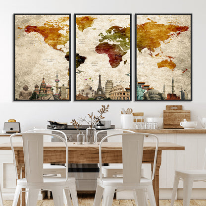 Push Pin World Map Canvas Print – Framed Wall Art for Couples to Track Their Travels – Anniversary Gift or Home Adventure Decor