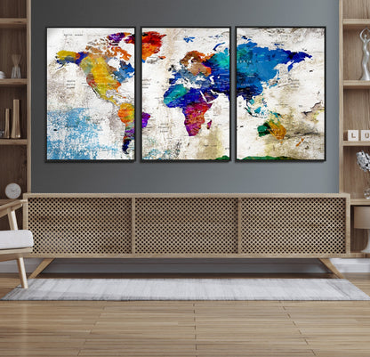 Push Pin World Map Canvas Print – Framed Wall Art for Couples to Track Their Travels – Anniversary Gift or Home Adventure Decor