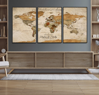 20810820-MGV-CV-30X20-Personalized World Map Print, Customizable Push Pin Framed World Map Print on Canvas - Custom Quote on Map Print