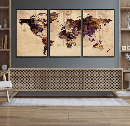 Push Pin World Map Canvas Print – Framed Wall Art for Couples to Track Their Travels – Anniversary Gift or Home Adventure Decor