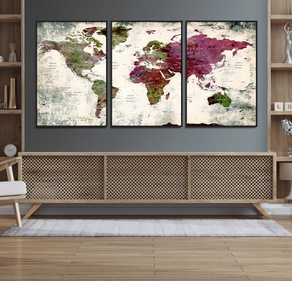 Push Pin World Map Canvas Print – Framed Wall Art for Couples to Track Their Travels – Anniversary Gift or Home Adventure Decor
