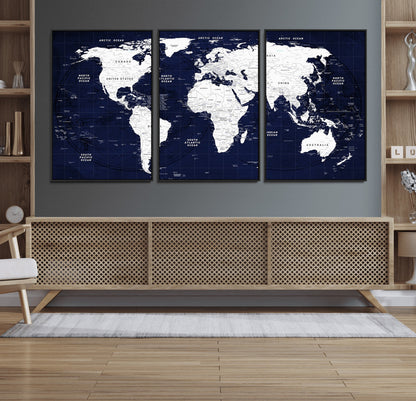 Push Pin World Map Canvas Print – Framed Wall Art for Couples to Track Their Travels – Anniversary Gift or Home Adventure Decor