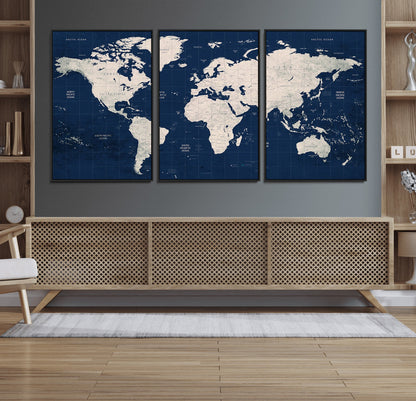 Push Pin World Map Canvas Print – Framed Wall Art for Couples to Track Their Travels – Anniversary Gift or Home Adventure Decor