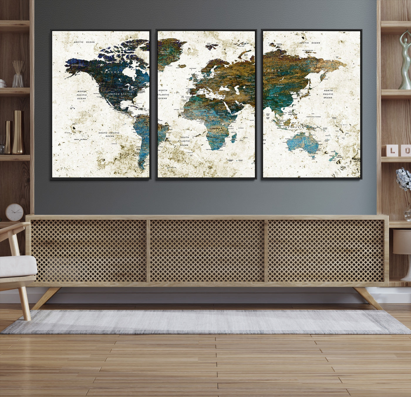 Vintage World Map Wall Art Canvas Print, Framed Rustic Earth Map Art Picture Print, Antique Map Perfect Rustic Vintage Decor Artwork