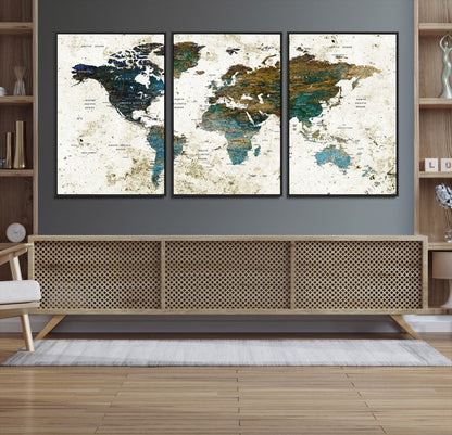 Vintage World Map Wall Art Canvas Print, Framed Rustic Earth Map Art Picture Print, Antique Map Perfect Rustic Vintage Decor Artwork