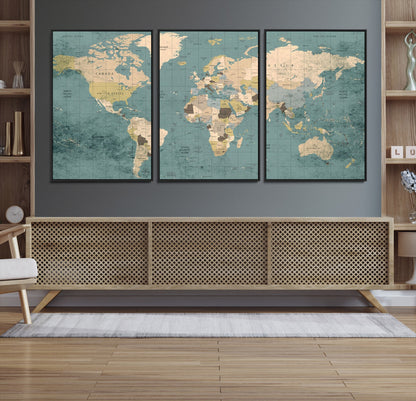 Classic World Map Wall Art Canvas Print, Framed Retro Map Art Picture Print, Vintage Atlas Perfect Rustic Explorer Decor Artwork
