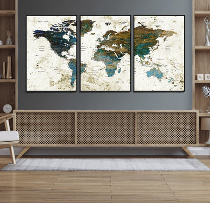 Push Pin World Map Canvas Print – Framed Wall Art for Couples to Track Their Travels – Anniversary Gift or Home Adventure Decor