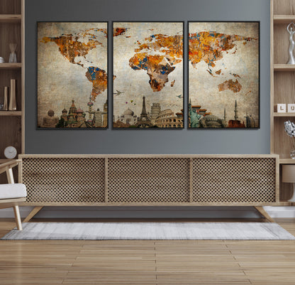 Push Pin World Map Canvas Print – Framed Wall Art for Couples to Track Their Travels – Anniversary Gift or Home Adventure Decor
