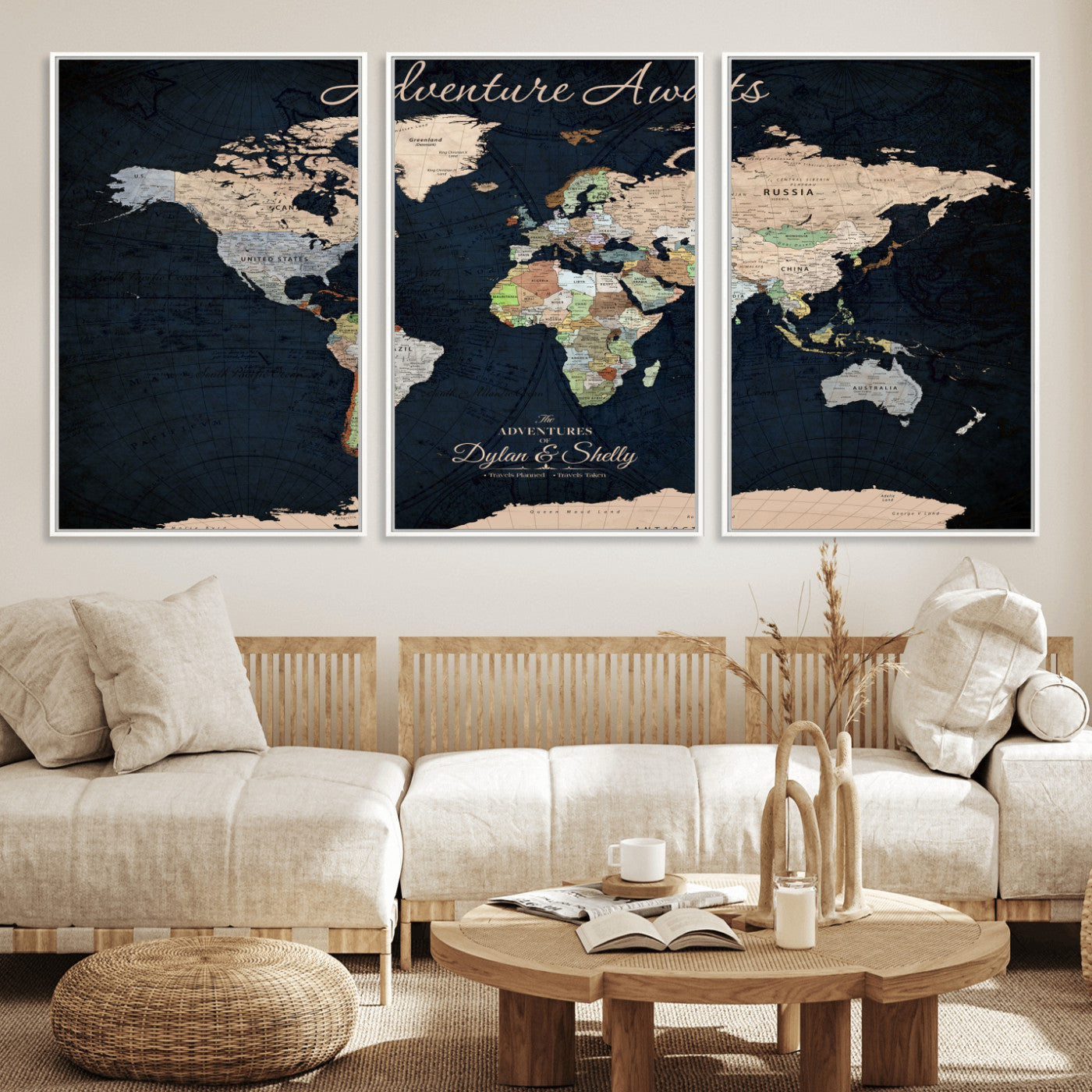 43186793-MGV-CV-30X20-Personalized World Map Print, Customizable Push Pin Framed World Map Print on Canvas - Custom Quote on Map Print