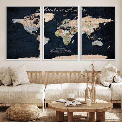 43186793-MGV-CV-30X20-Personalized World Map Print, Customizable Push Pin Framed World Map Print on Canvas - Custom Quote on Map Print