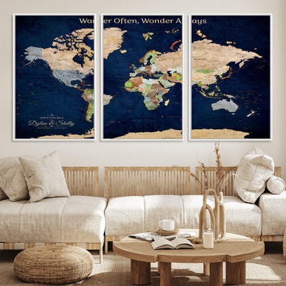 12399561-MGV-CV-30X20-Personalized World Map Print, Customizable Push Pin Framed World Map Print on Canvas - Custom Quote on Map Print