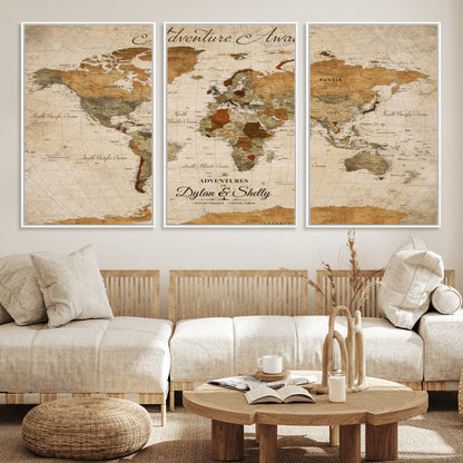 20810820-MGV-CV-30X20-Personalized World Map Print, Customizable Push Pin Framed World Map Print on Canvas - Custom Quote on Map Print