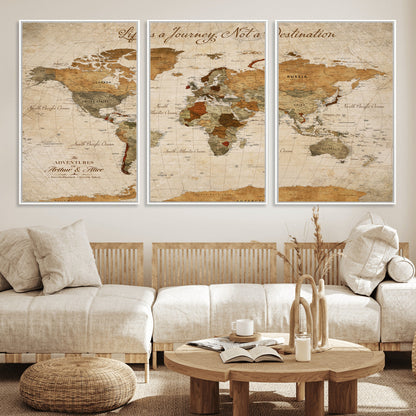 79036691-MGV-CV-30X20-Custom Push Pin World Map Wall Canvas Print – Personalized Travel Tracker with Pins – Framed Custom Quotie Canvas for Home Office Decor