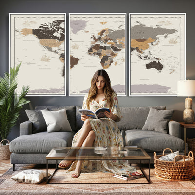 58777746-MGV-CV-36X24 - Custom Beige Modern Push Pin World Map Canvas Print, Places Visited Tracker, Bedroom and Study Decor