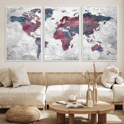 Push Pin World Map Canvas Print – Framed Wall Art for Couples to Track Their Travels – Anniversary Gift or Home Adventure Decor