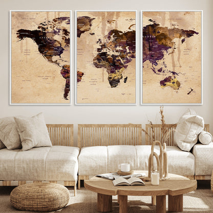 Push Pin World Map Canvas Print – Framed Wall Art for Couples to Track Their Travels – Anniversary Gift or Home Adventure Decor