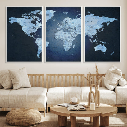 Push Pin World Map Canvas Print – Framed Wall Art for Couples to Track Their Travels – Anniversary Gift or Home Adventure Decor
