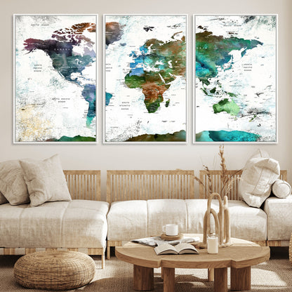Push Pin World Map Canvas Print – Framed Wall Art for Couples to Track Their Travels – Anniversary Gift or Home Adventure Decor