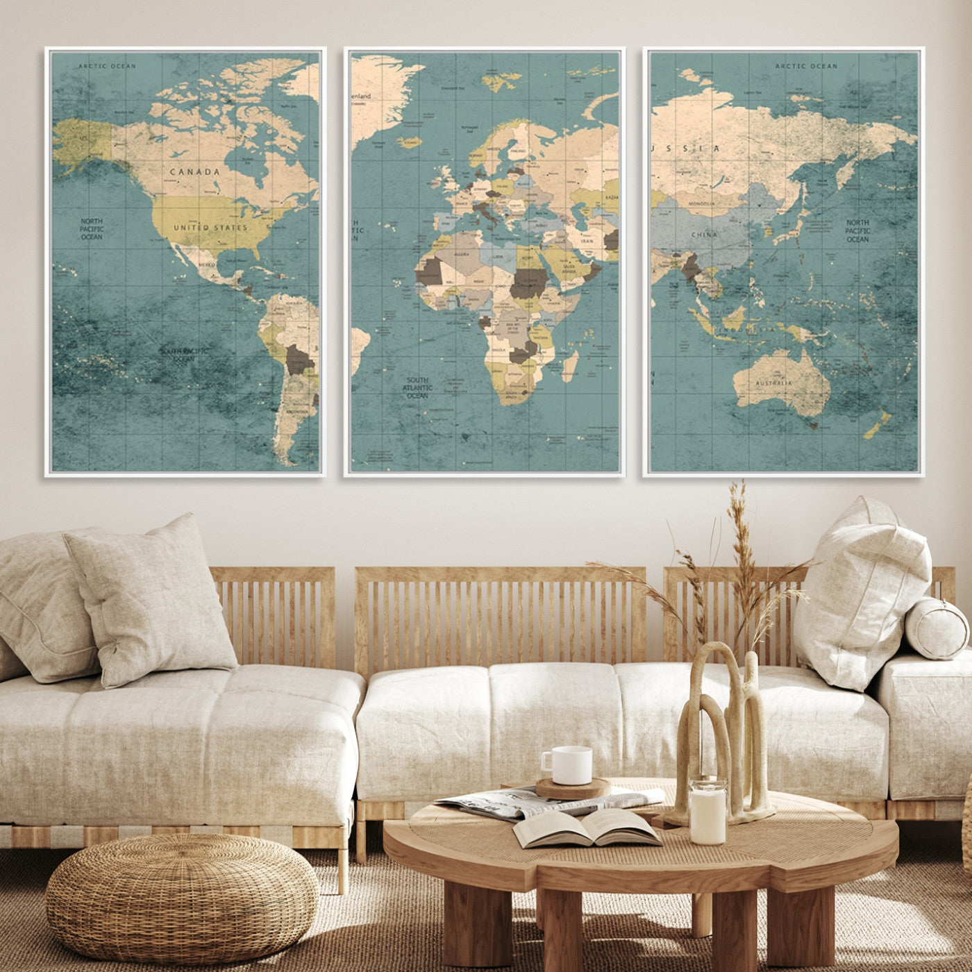 Classic World Map Wall Art Canvas Print, Framed Retro Map Art Picture Print, Vintage Atlas Perfect Rustic Explorer Decor Artwork