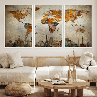 Push Pin World Map Canvas Print – Framed Wall Art for Couples to Track Their Travels – Anniversary Gift or Home Adventure Decor