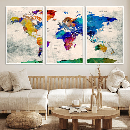 Push Pin World Map Canvas Print – Framed Wall Art for Couples to Track Their Travels – Anniversary Gift or Home Adventure Decor