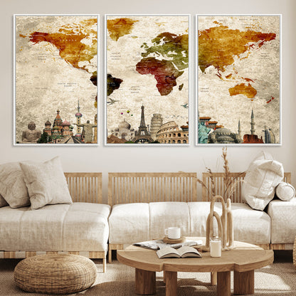 Push Pin World Map Canvas Print – Framed Wall Art for Couples to Track Their Travels – Anniversary Gift or Home Adventure Decor
